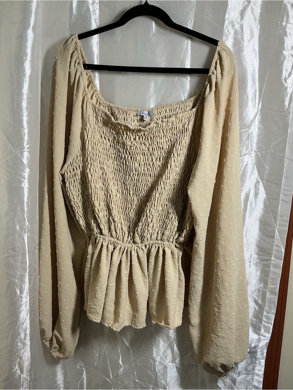 white birch Beige Smocked Peplum Long-Sleeve Blouse